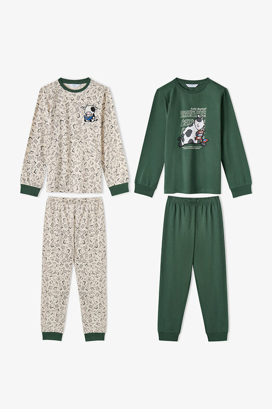 Erkek Çocuk Yeşil Fully Booked Pamuklu Uzun Kollu 2'li Pijama Takımı