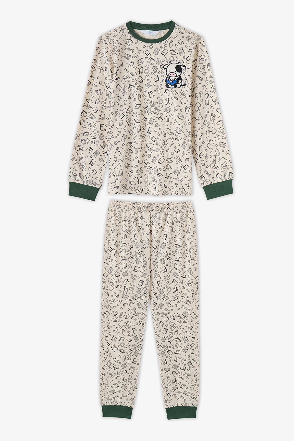 Erkek Çocuk Yeşil Fully Booked Pamuklu Uzun Kollu 2'li Pijama Takımı