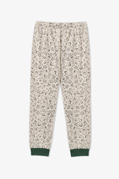 Erkek Çocuk Yeşil Fully Booked Pamuklu Uzun Kollu 2'li Pijama Takımı