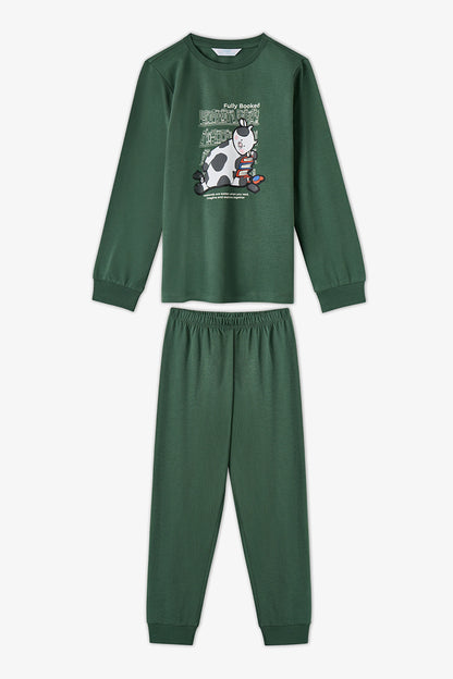 Erkek Çocuk Yeşil Fully Booked Pamuklu Uzun Kollu 2'li Pijama Takımı