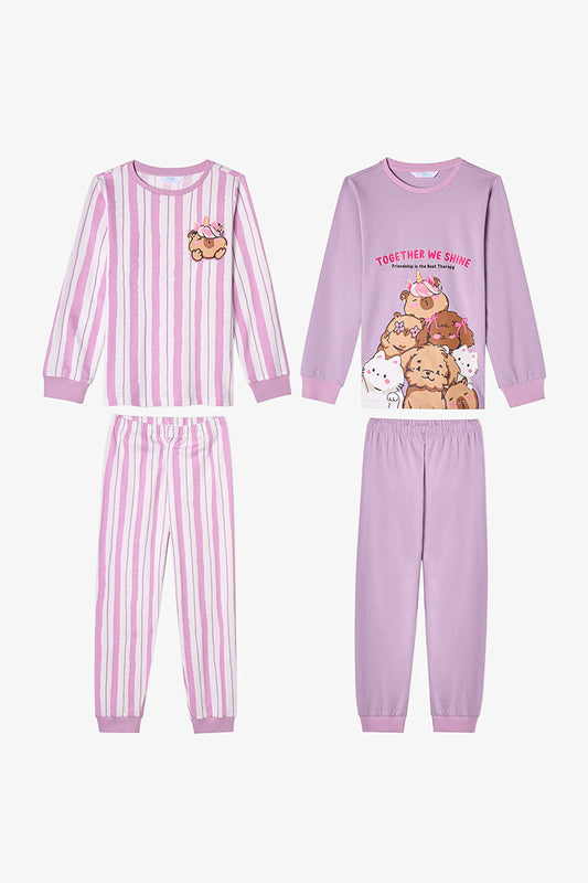 Kız Çocuk Capy Community Pamuklu Uzun Kollu 2'li Pijama Takımı