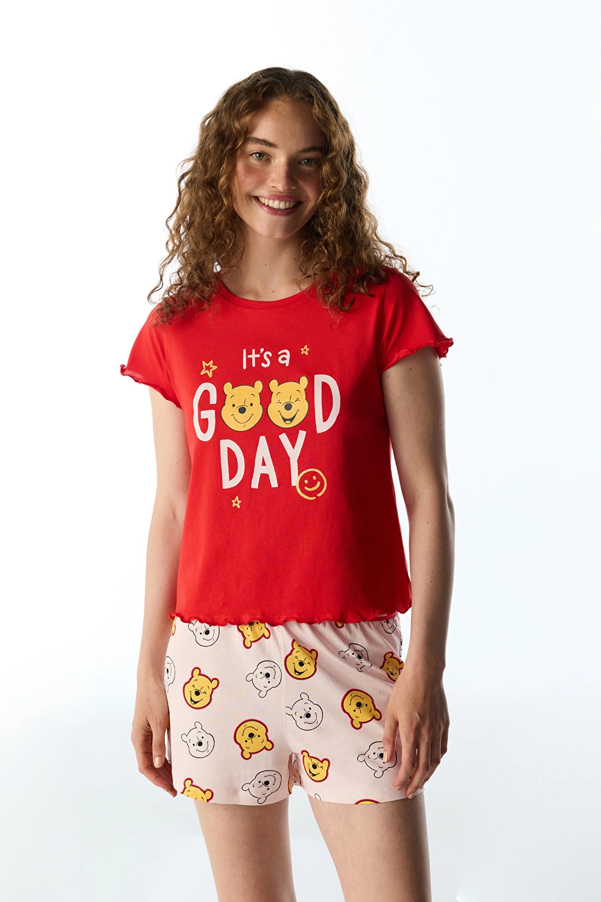 Kırmızı Good Day Ayı Desenli Kısa Kollu Şort Pijama Takımı