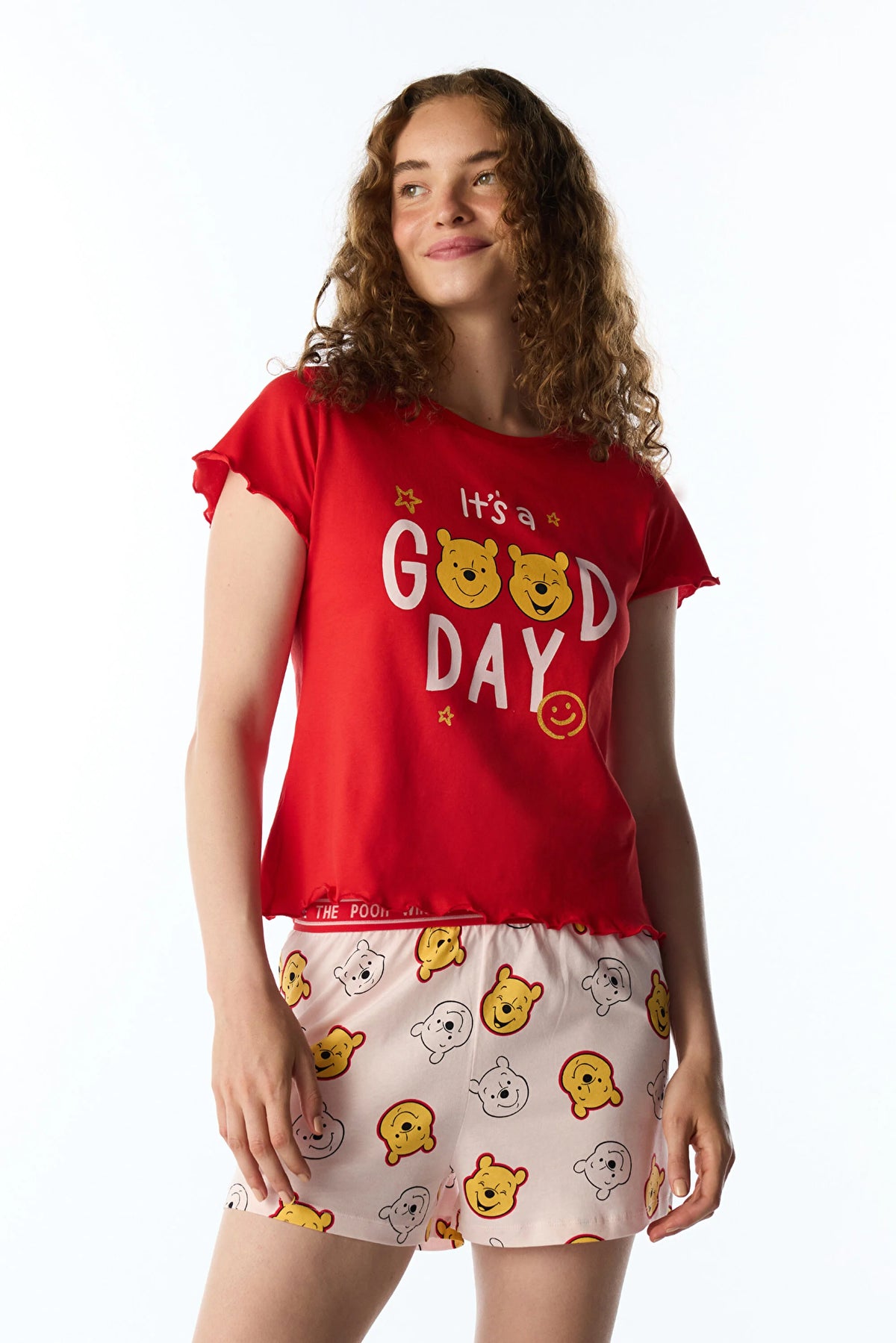 Kırmızı Good Day Ayı Desenli Kısa Kollu Şort Pijama Takımı
