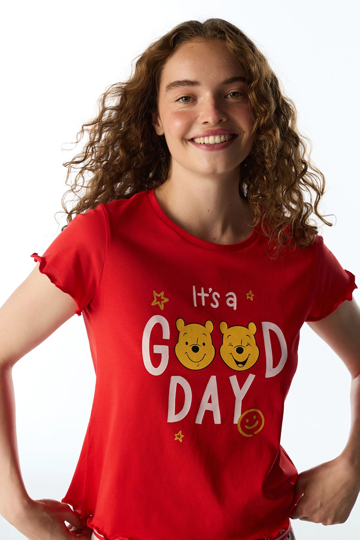 Kırmızı Good Day Ayı Desenli Kısa Kollu Şort Pijama Takımı