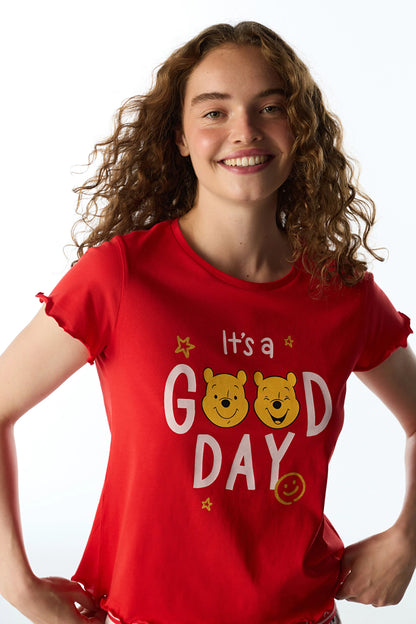 Kırmızı Good Day Ayı Desenli Kısa Kollu Şort Pijama Takımı