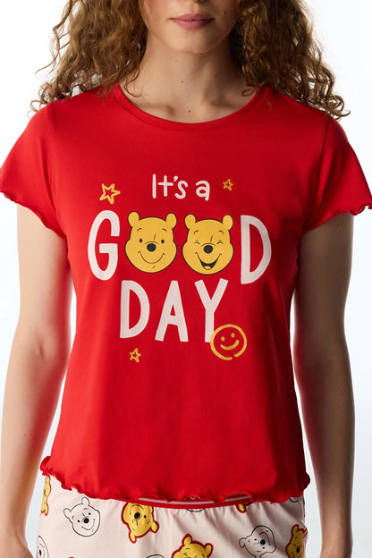 Kırmızı Good Day Ayı Desenli Kısa Kollu Şort Pijama Takımı