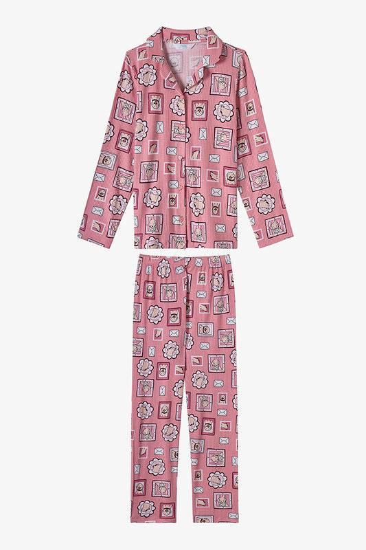 Kız Çocuk Pembe Kind Mailing Köpek Desenli Uzun Kollu Gömlek Pantolon Pijama Takımı