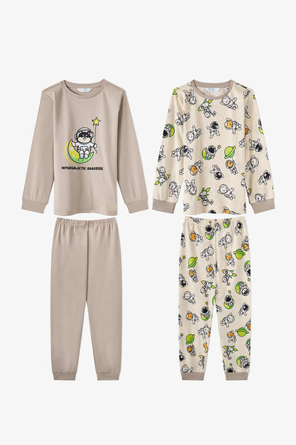 Erkek Çocuk Gri Space Friends Pamuklu Uzun Kollu 2'li Pijama Takımı