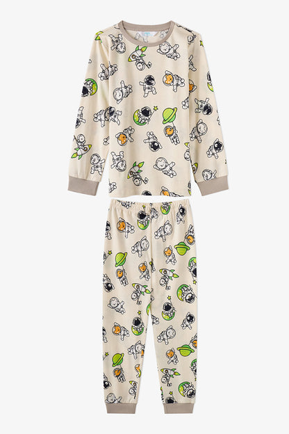 Erkek Çocuk Gri Space Friends Pamuklu Uzun Kollu 2'li Pijama Takımı