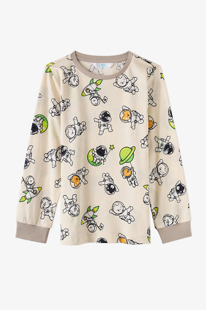 Erkek Çocuk Gri Space Friends Pamuklu Uzun Kollu 2'li Pijama Takımı