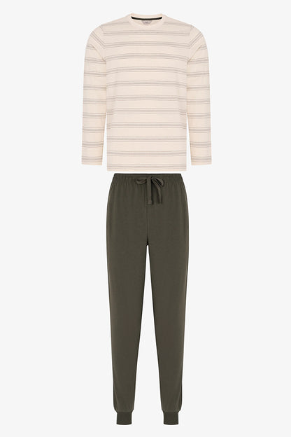 Erkek Moss Çizgili Uzun Kollu Jogger Pijama Takımı