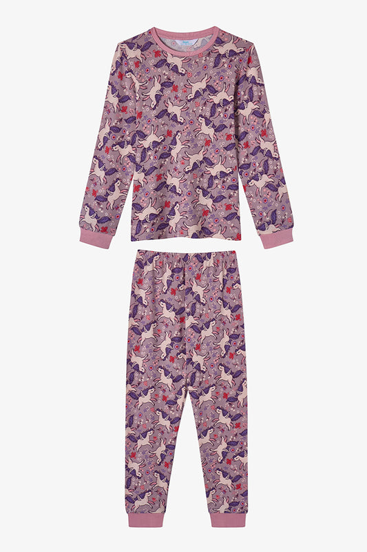 Kız Çocuk Lila Star Unicorn Uzun Kollu Pijama Takımı