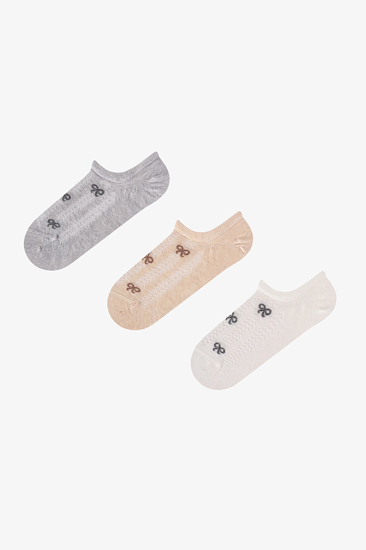 Gri Bej Ribbon Jakarlı Fiyonk Desenli Pamuklu 3 Çift Sneaker Çorap