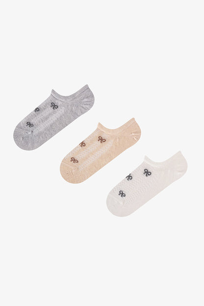 Gri Bej Ribbon Jakarlı Fiyonk Desenli Pamuklu 3 Çift Sneaker Çorap