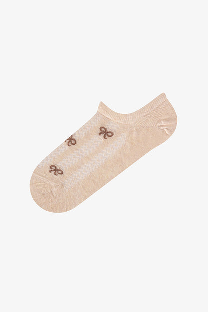 Gri Bej Ribbon Jakarlı Fiyonk Desenli Pamuklu 3 Çift Sneaker Çorap