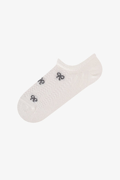 Gri Bej Ribbon Jakarlı Fiyonk Desenli Pamuklu 3 Çift Sneaker Çorap