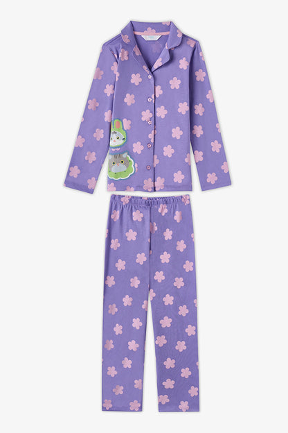 Kız Çocuk Lila Feel Better Kedi Desenli Pamuklu Düğmeli Uzun Kollu Gömlek Pantolon Pijama Takımı