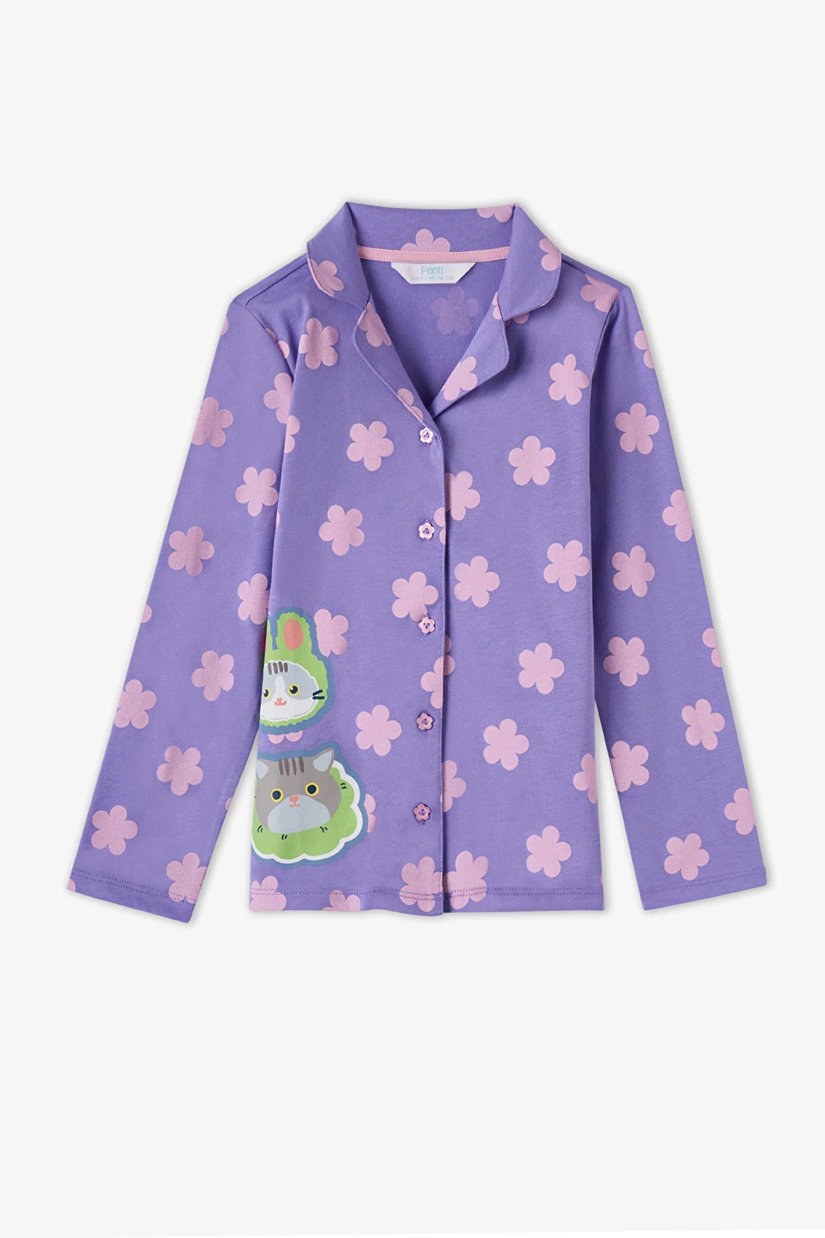 Kız Çocuk Lila Feel Better Kedi Desenli Pamuklu Düğmeli Uzun Kollu Gömlek Pantolon Pijama Takımı