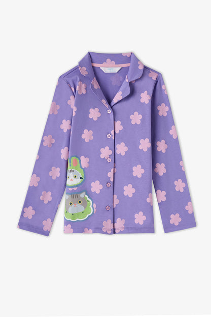 Kız Çocuk Lila Feel Better Kedi Desenli Pamuklu Düğmeli Uzun Kollu Gömlek Pantolon Pijama Takımı