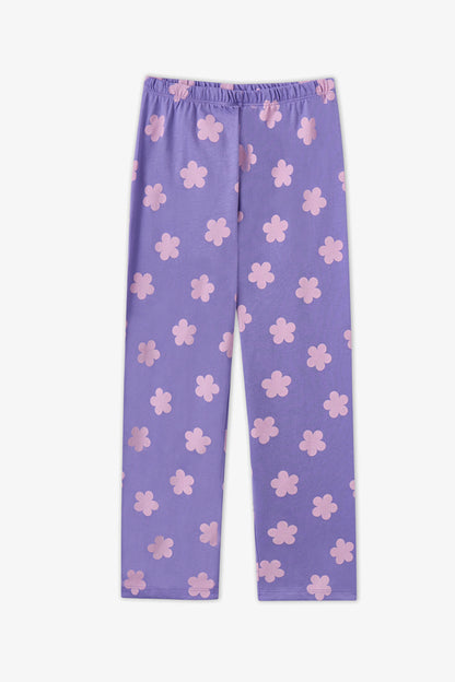 Kız Çocuk Lila Feel Better Kedi Desenli Pamuklu Düğmeli Uzun Kollu Gömlek Pantolon Pijama Takımı