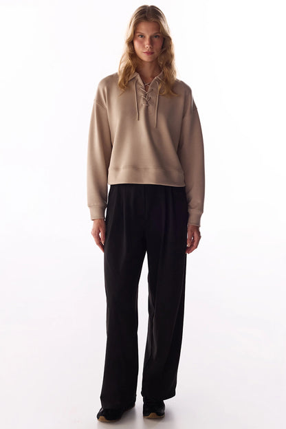 Bej Ipeksi Dokunuş Silky Touch Bağcıklı Uzun Kollu Sweatshirt