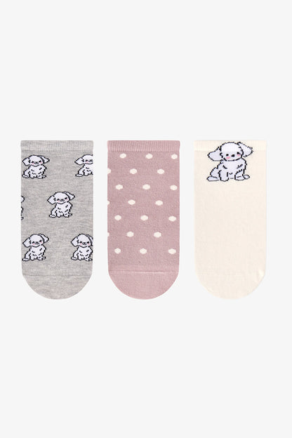 Gri Gül Little Puppy Pamuklu 3 Çift Patik Çorap