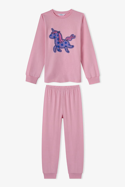 Kız Çocuk Pembe Loving Unicorn Pamuklu Uzun Kollu Pijama Takımı