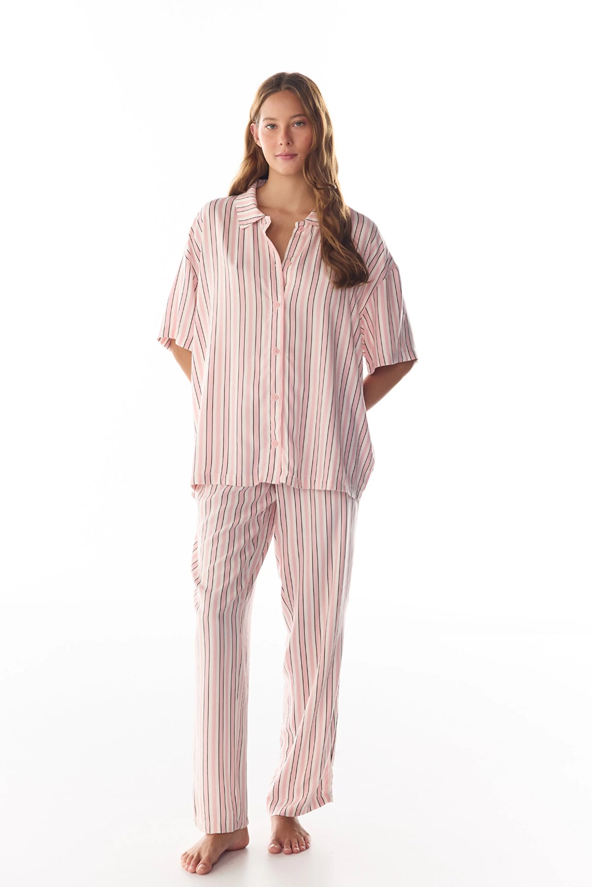 Sleep Mode Çizgili Kısa Kollu Gömlek Pantolon Pijama Takımı