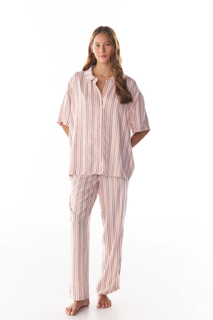 Sleep Mode Çizgili Kısa Kollu Gömlek Pantolon Pijama Takımı