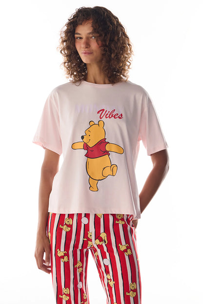Pembe Winnie The Pooh Monday Vibes Ayı Desenli Pantolon Kısa Kollu Pijama Takımı