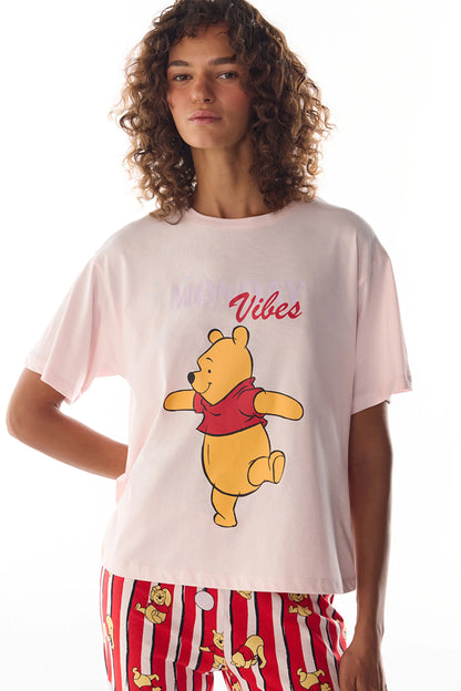 Pembe Winnie The Pooh Monday Vibes Ayı Desenli Pantolon Kısa Kollu Pijama Takımı