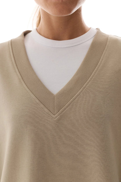 Bej Geniş V Yakalı Sweatshirt