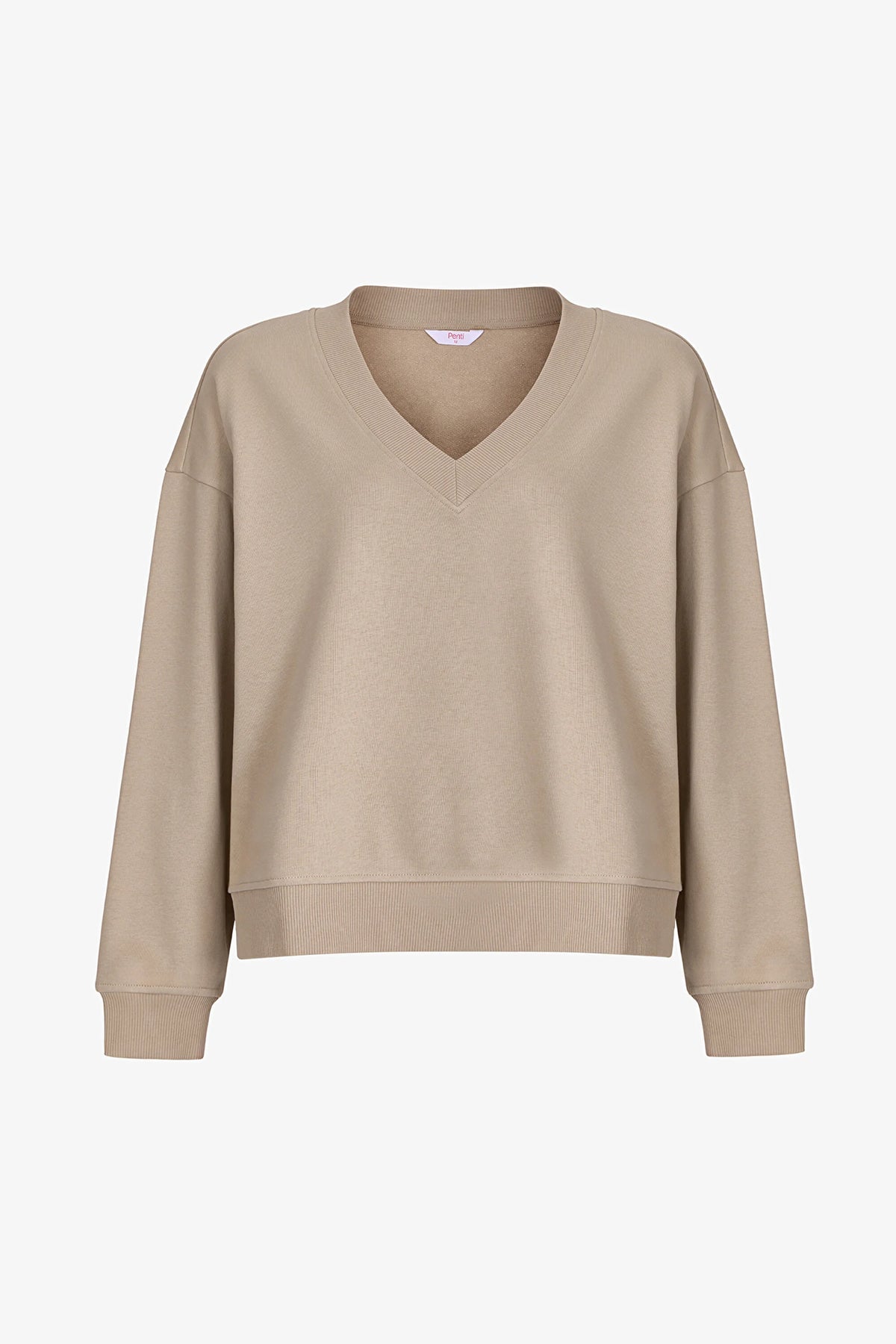 Bej Geniş V Yakalı Sweatshirt