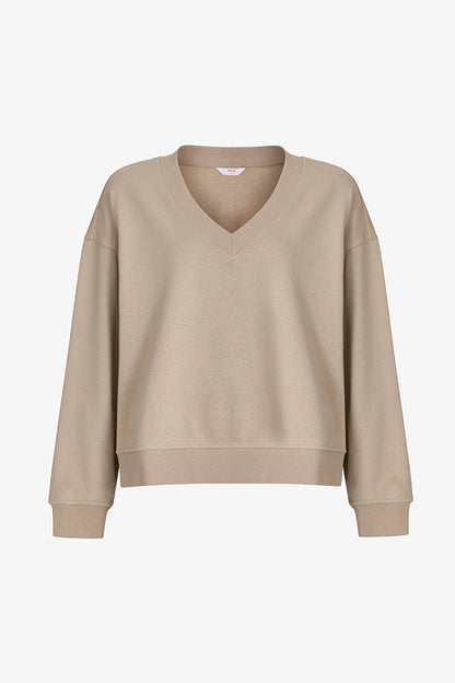 Bej Geniş V Yakalı Sweatshirt