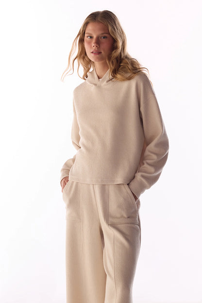 Pastel Bej Fitilli Uzun Kollu Sweatshirt