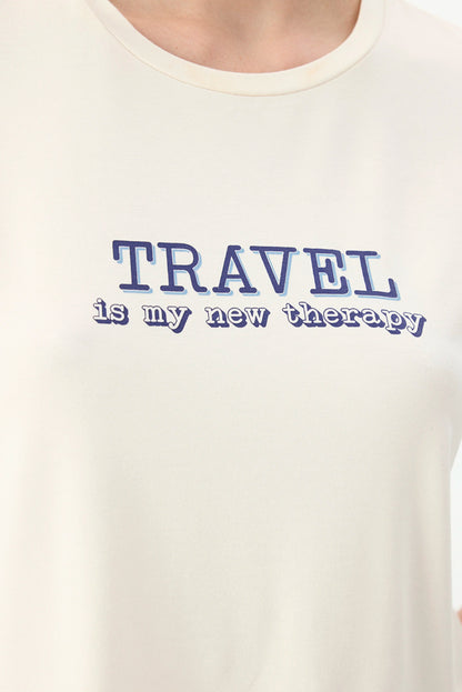Ekru Travel Slogan Desenli Fırfırlı Kısa Kollu Şort Pijama Takımı