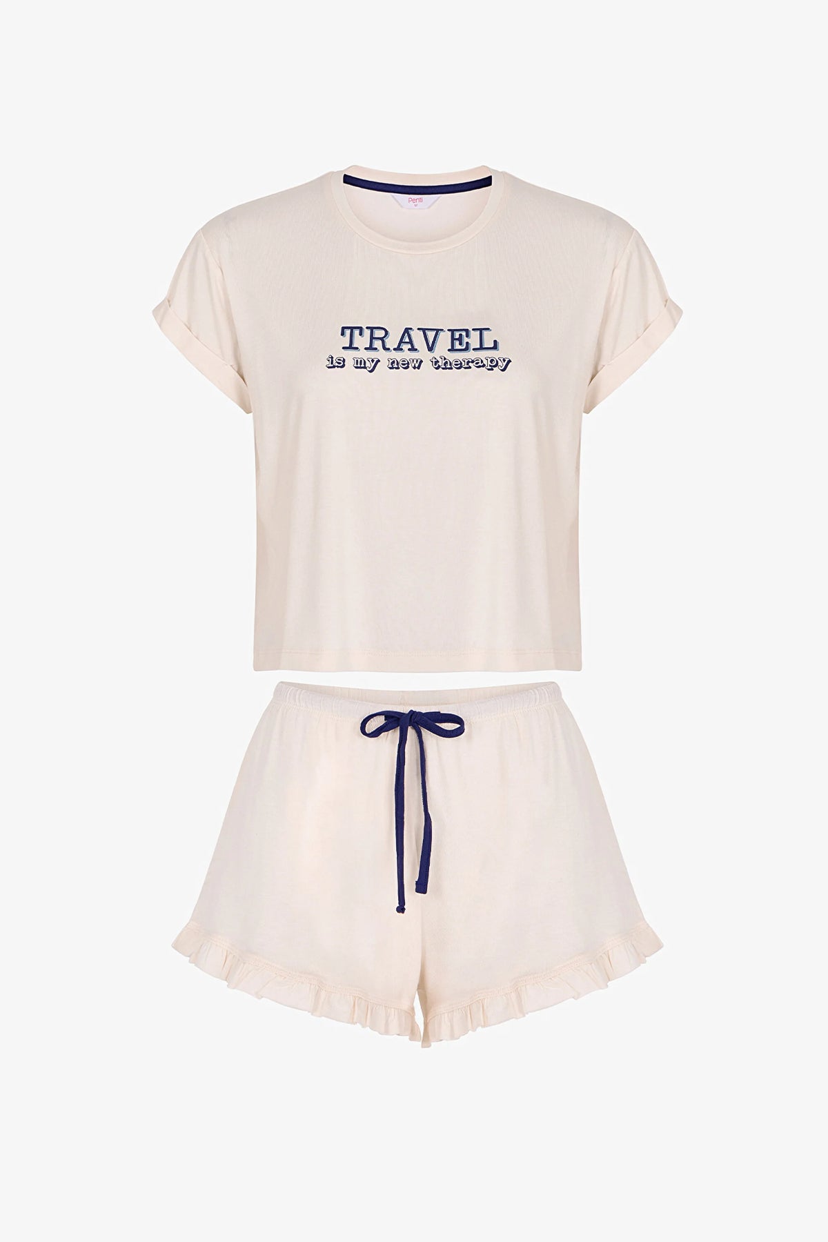 Ekru Travel Slogan Desenli Fırfırlı Kısa Kollu Şort Pijama Takımı