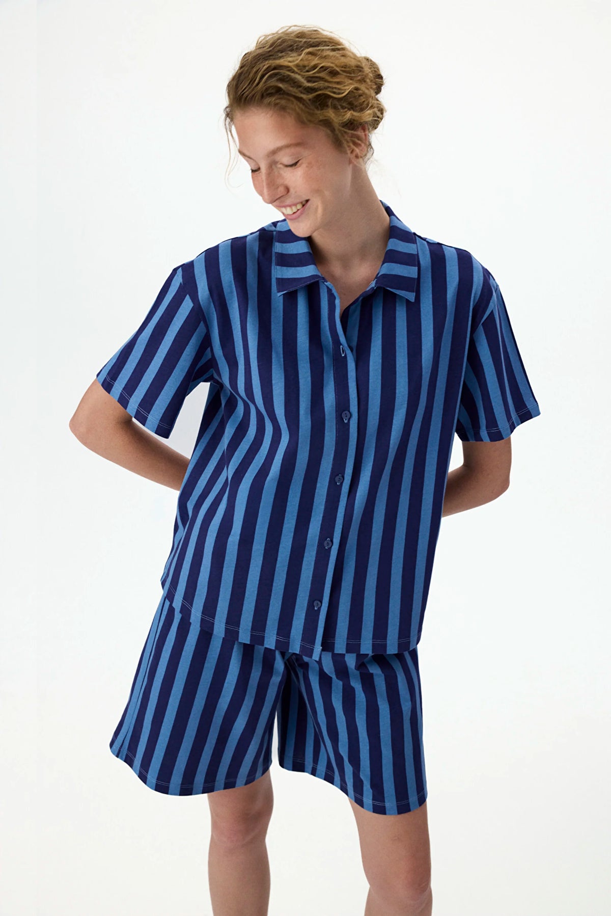 Lacivert Midnight Çizgili Kısa Kollu Gömlek Şort Pijama Takımı