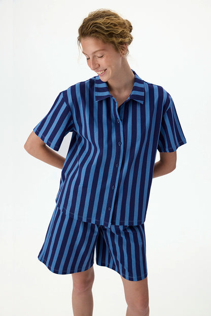 Lacivert Midnight Çizgili Kısa Kollu Gömlek Şort Pijama Takımı