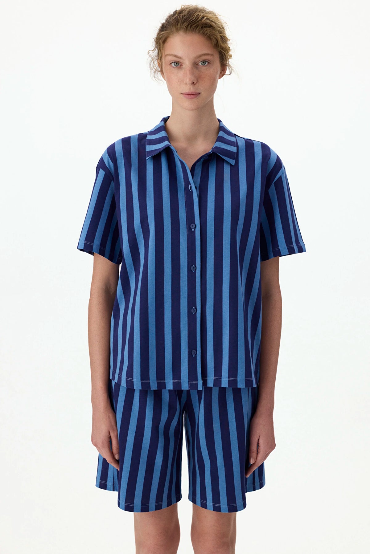 Lacivert Midnight Çizgili Kısa Kollu Gömlek Şort Pijama Takımı