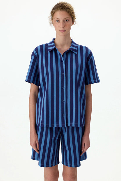 Lacivert Midnight Çizgili Kısa Kollu Gömlek Şort Pijama Takımı