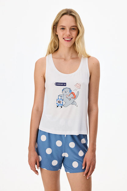 Mavi Snooze Cruise Kedi Desenli Şort Pijama Takımı