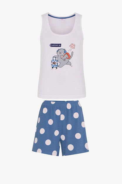 Mavi Snooze Cruise Kedi Desenli Şort Pijama Takımı
