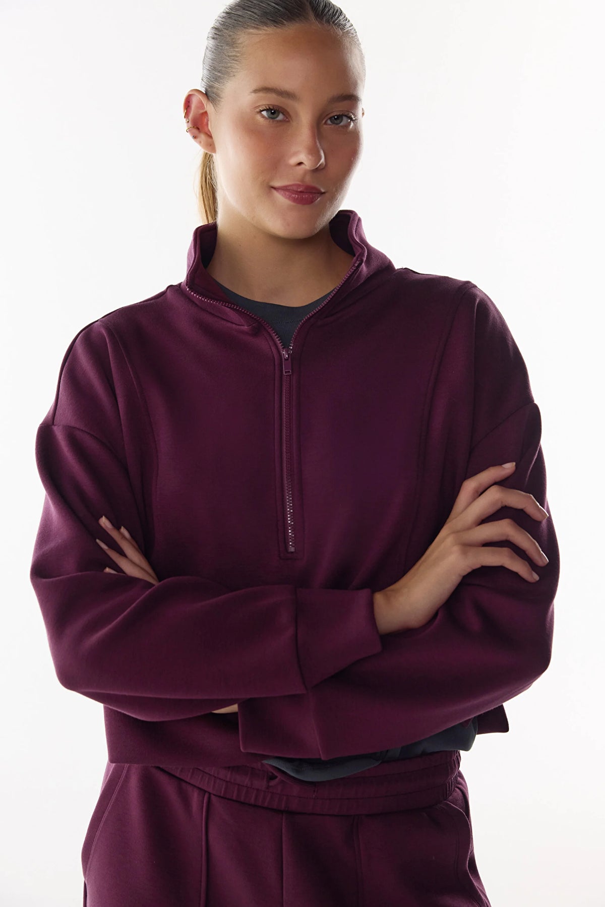 Bordo Ipeksi Dokunuş Silky Touch Yarım Fermuarlı Sweatshirt
