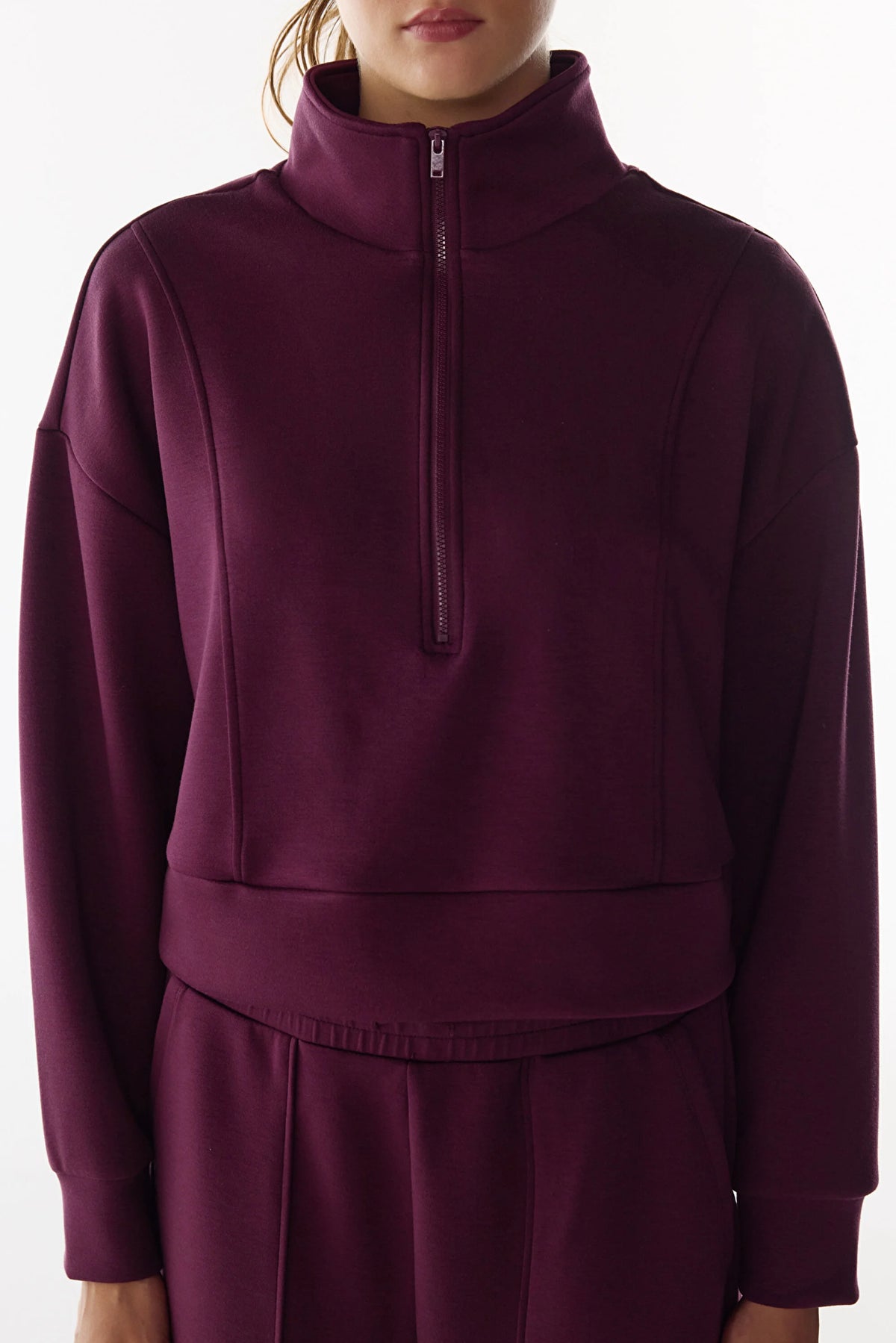 Bordo Ipeksi Dokunuş Silky Touch Yarım Fermuarlı Sweatshirt