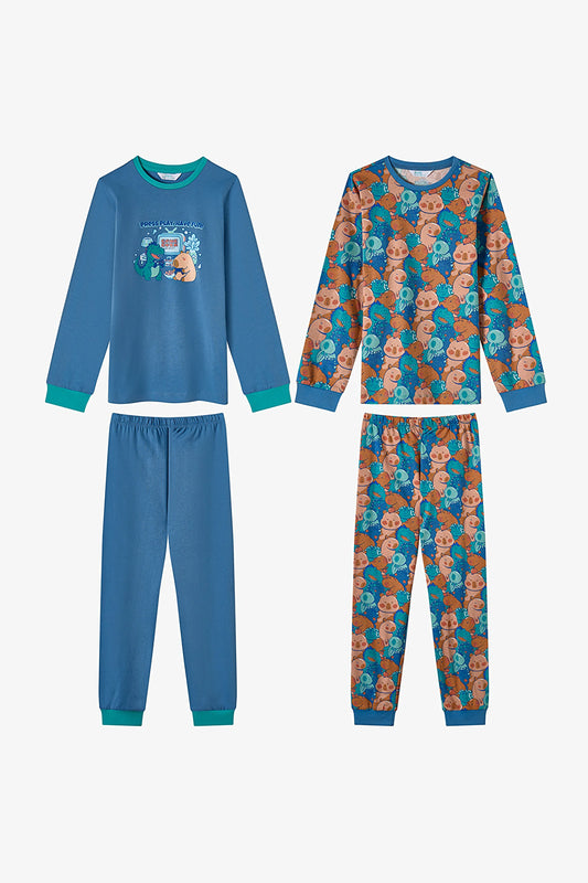 Erkek Çocuk Capy&dino Together Pamuklu Uzun Kollu 2'li Pijama Takımı