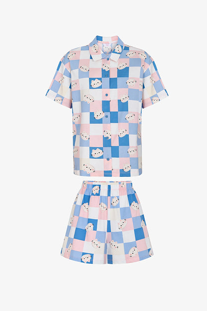 Cuteness Dama Desenli Kısa Kollu Gömlek Şort Pijama Takımı