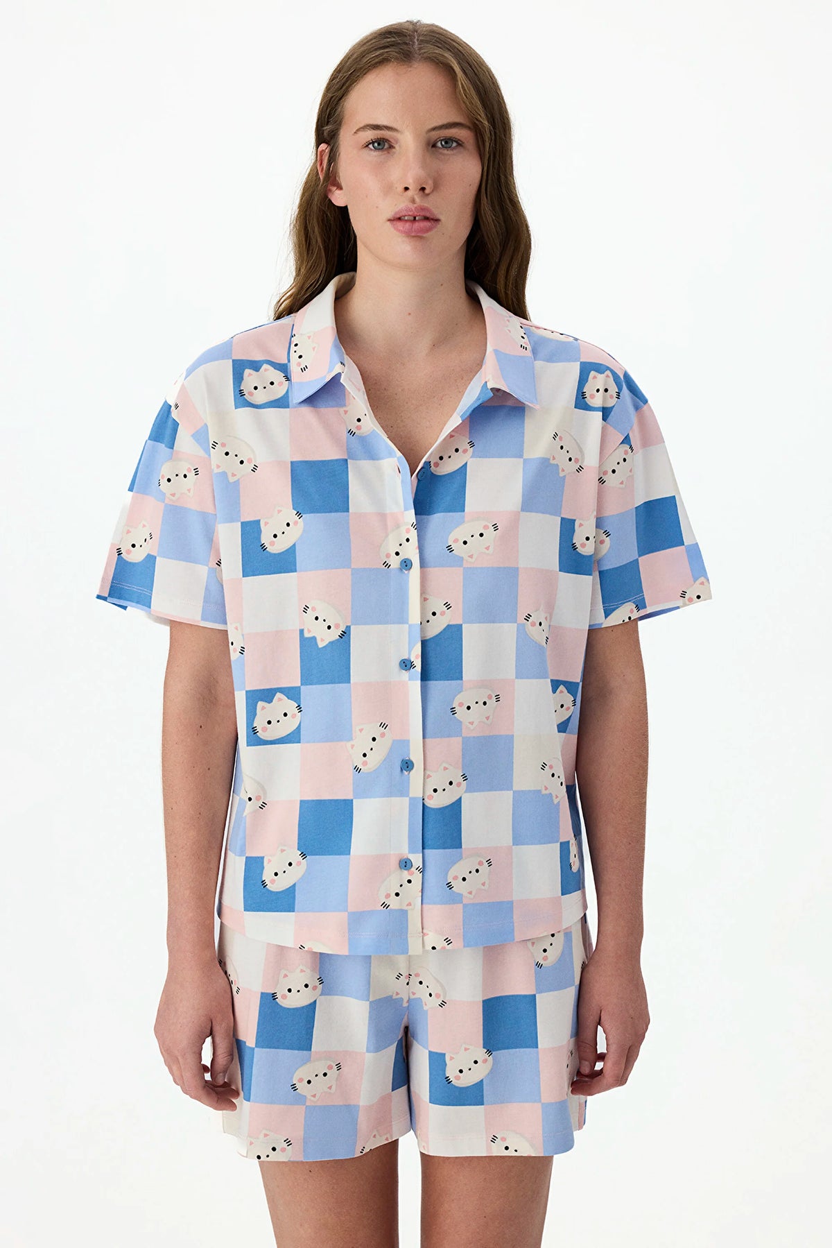 Cuteness Dama Desenli Kısa Kollu Gömlek Şort Pijama Takımı