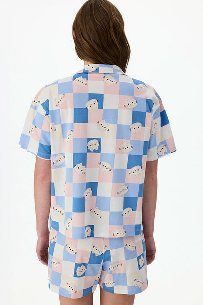 Cuteness Dama Desenli Kısa Kollu Gömlek Şort Pijama Takımı