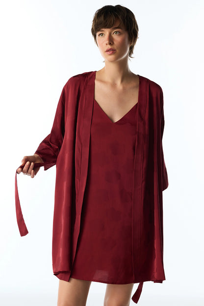 Bordo Orquidea Saten Çiçekli 3/4 Kollu Sabahlık